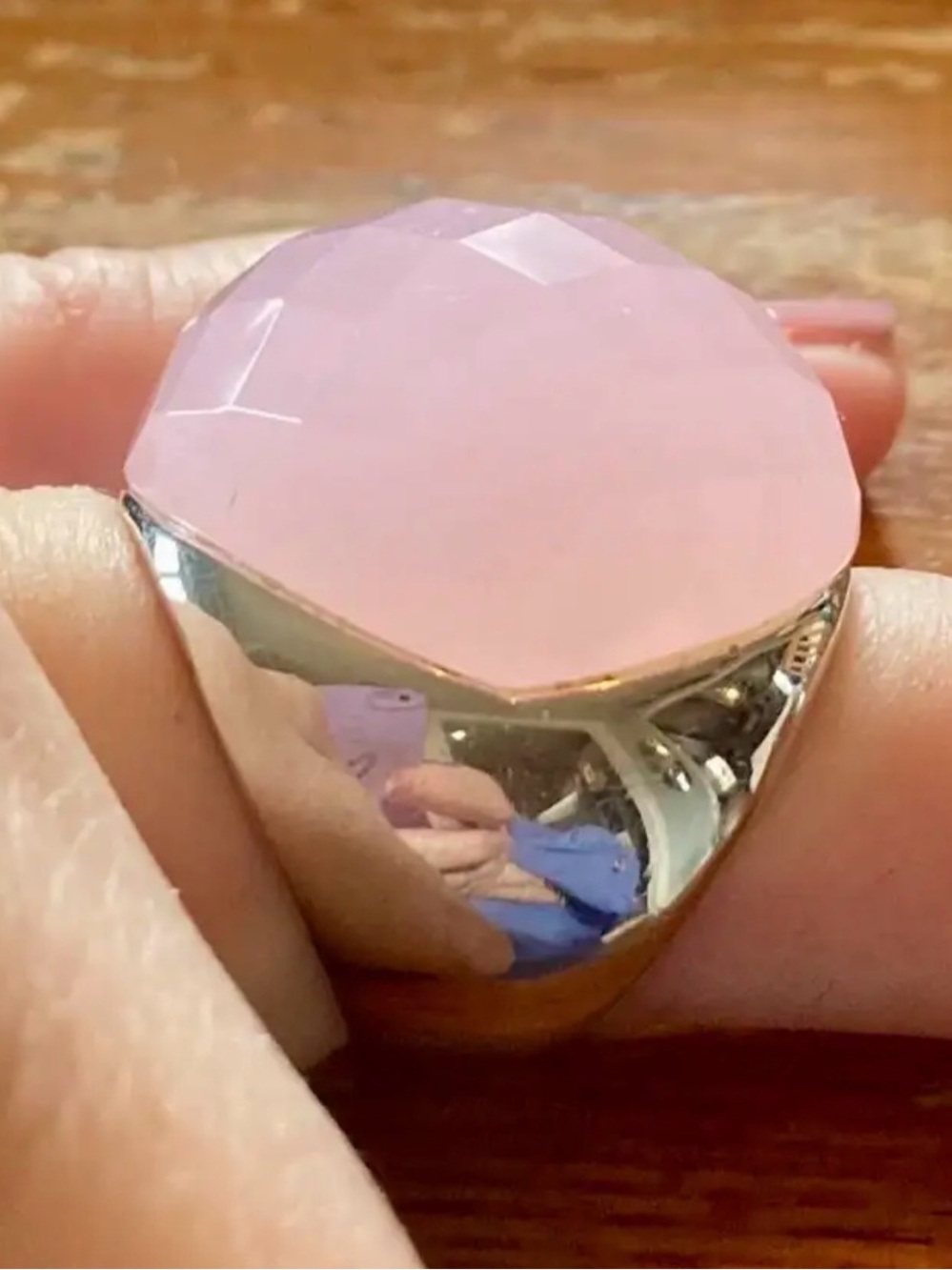 Modern faceted Rose Quartz Dome Ring in Polished Sterling Silver Size 6.5